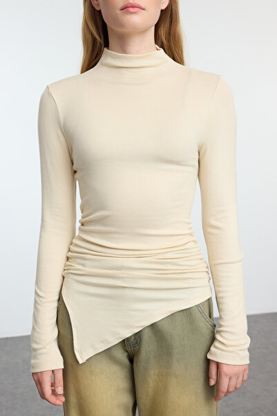 Trendyol Collection Πλεκτή μπλούζα Stand Collar Stone Fitted - Drape Detailed, TWOAW25BZ00145