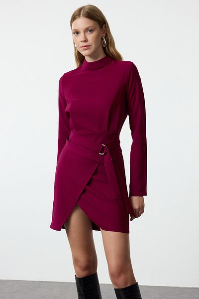 Trendyol Collection Rochie mini țesătă cu guler vertical în linie A cu centură mov TWOAW24EL00701