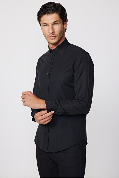 Tudors Slim Fit Uzun Kollu Pamuklu Kolay Ütü Siyah Erkek Gömlek