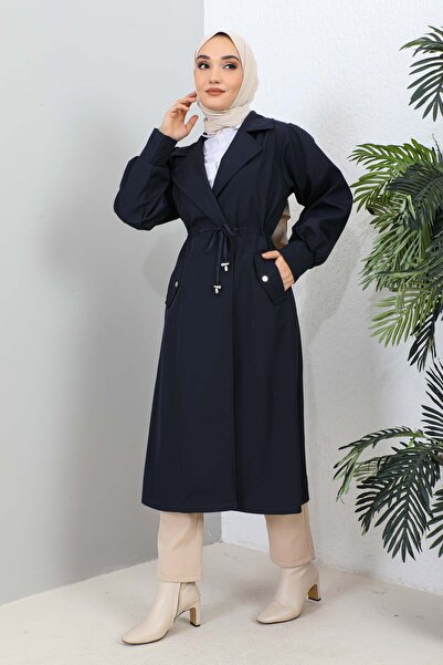 İmajButik Navy Blue Double Breasted Collar Trench Coat