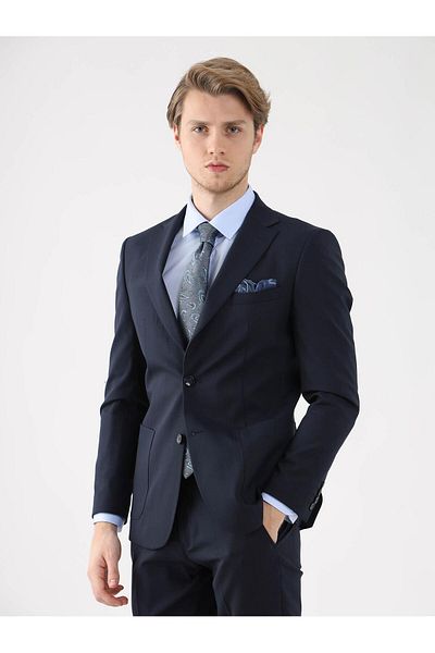 Dufy Navy Blue Men's Slim Fit Plain Mono Collar Suit - 83383
