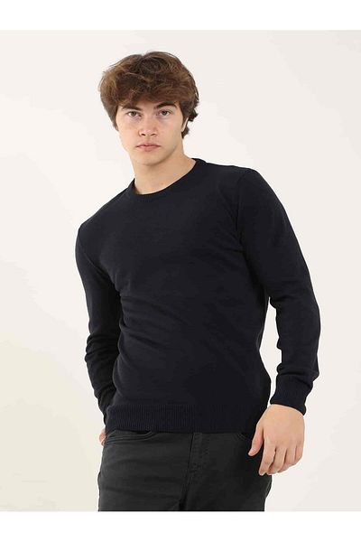 Dufy Ανδρικό πουλόβερ Navy Blue Slim Fit Plain Classic O Neck - 97514