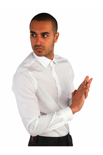 Dufy Ανδρικό λευκό πουκάμισο Slim Fit, Μασίφ γιακά Brent, Μακρύ μανίκι - 36106