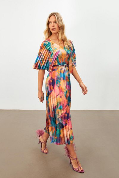 Setre Green Pleat and Cloak Detailed Midi Dress