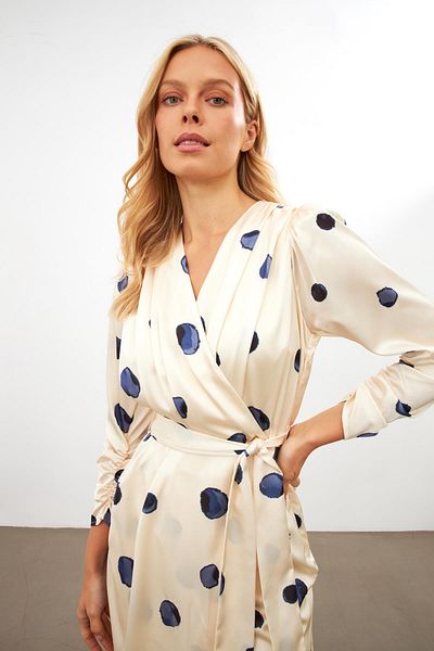 Setre Ecru-Blue Polka Dot Detailed Waist Tied Long Sleeve Midi Dress