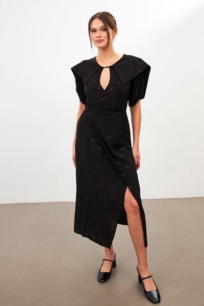 Setre Black Polka Dot Patterned Collar Detailed Midi Dress