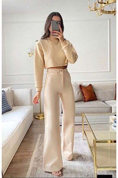 Geppetto Penolope Femei Palazzo Beige Trend Picior Lat Talie Înaltă Pantaloni Denim Femei Jean