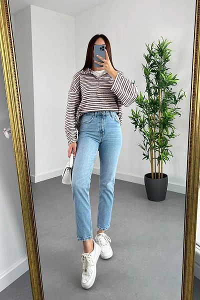 Geppetto Penolope Women - Blue High Waist Lycra Mom Jeans, blugi Boyfriend Cut Snow Wash