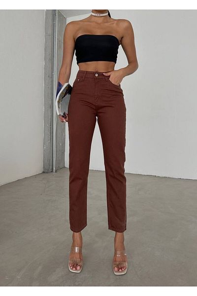 Geppetto Penolope Γυναικεία Mom Jean Καφέ Ψηλόμεση Lycra Τζιν Τζιν παντελόνι