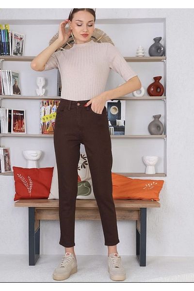 Geppetto Penolope Women - Ψηλόμεσο ελαστικό καφέ χρώμα Mom Jean, μοντέλο 2024