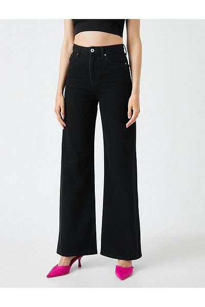 Geppetto Penolope Women's - Black Monera Lycra Wide Leg Jeans, 2024 Model Loose Wide Leg Jeans (Super High)