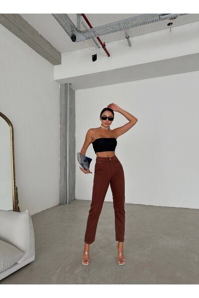 Geppetto Penolope Γυναικεία Mom Jean Καφέ Ψηλόμεση Lycra Τζιν Τζιν παντελόνι