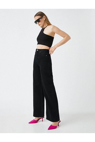 Geppetto Penolope Women's - Black Monera Lycra Wide Leg Jeans, 2024 Model Loose Wide Leg Jeans (Super High)