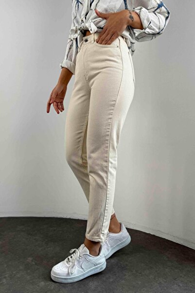 Geppetto High Waist Women's Jeans - Ecru Penolope Mom Pants