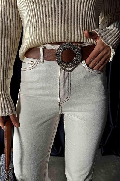 Geppetto Penolope Ecru Women's Jean Trousers - Yarn Detailed