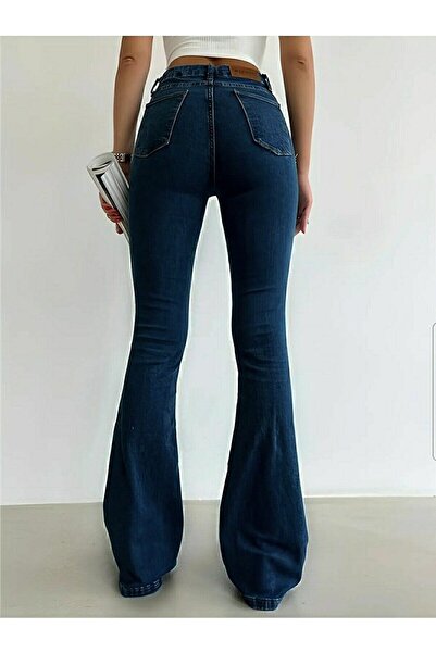 Geppetto Penolope Women's Dark Blue Flared Leg Jeans Pants High Waist Flare Jeans Gathering