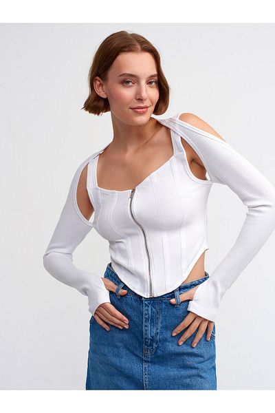 Dilvin 30158 Μακρύ μανίκι κορσέ τοπ-λευκό