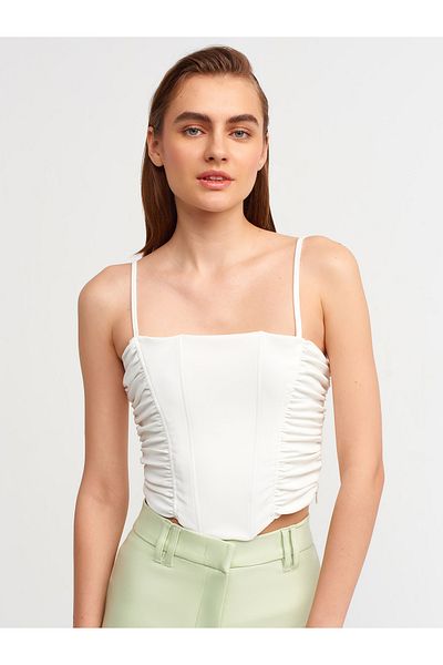 Dilvin 20129 Συγκεντρώθηκε λεπτομερές λουρί Crop Top-ecru