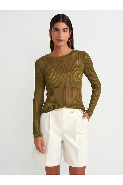 Dilvin 10355 Pulover transparent cu gâtul turn-verde închis