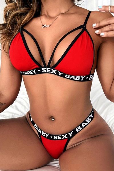 Tina Wear Κόκκινο υφασμάτινο και γραπτό σουτιέν κιλότ 51080