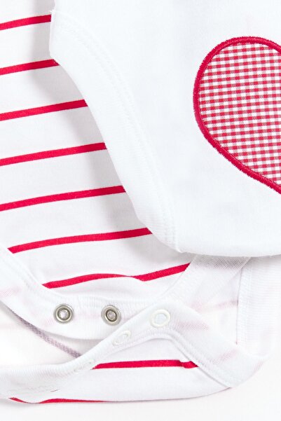 Gambino White 3-Piece Baby Girl Bodysuit - 100% Cotton, Striped and Heart Applique Detailed