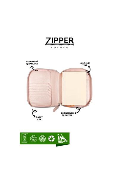 Victoria's Journals Rose Gold Zipper Folder - 0296 Boxed, 10.5x14.8cm, 80yp Lined Notebook