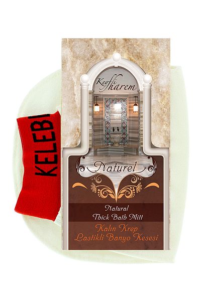 Kelebek Kese Exfoliating Ecru Shower Pouch - 100% Flush Pouch with Elastic Gloves