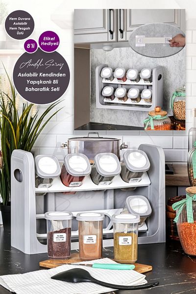 Anadolu Saray 8-Piece Gray Hangable - Adhesive Countertop Spice Rack with Label Se