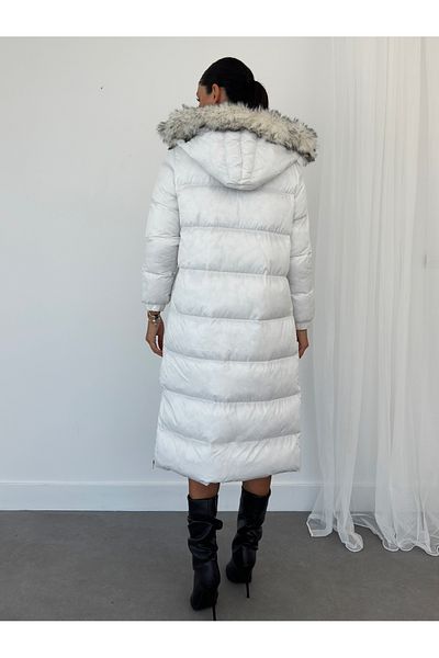 Black Sokak White Fur Coat - Hooded, Double Pocket, Zipper and Snap Closure
