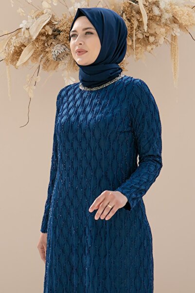 SUBU TASARIM Синій вечірній костюм з блискітками - з обробкою камінням TBS2232