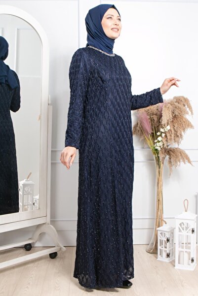 SUBU TASARIM Βραδινό φόρεμα Glitter Dark Navy Blue - Λεπτομέρεια κεντήματος πέτρας TBS2232