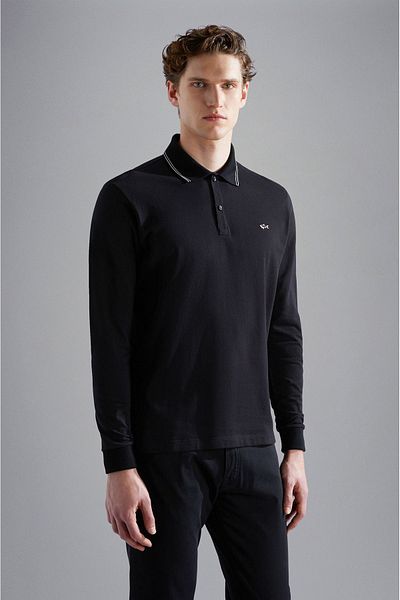 PAUL&SHARK Casual ανδρικό μπλουζάκι με λαιμόκοψη πόλο - μακρυμάνικο, βαμβακερό, μαύρο 14311717 -011