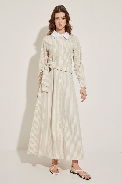 Hooopstore VEREV CLOSURE STRIPED POPLIN DRESS - CREAM