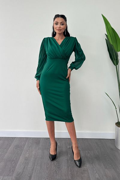giyimmasalı Crepe Fabric Sleeves Tulle Pencil Dress - Emerald Green