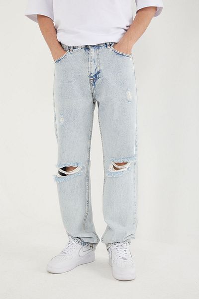 DİFRANSEL Men's Blue Baggy Jeans - Ripped Open Series Trousers