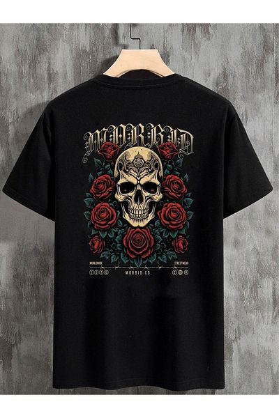 DEEPSENCE Μαύρο μπλουζάκι Unisex Oversize με μοτίβο Rose Skull