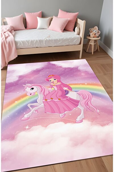Noble Halı Dijital Baskı Pembe Unicorn Gökkuşağı Desenli Makinada Yıkanabilir...