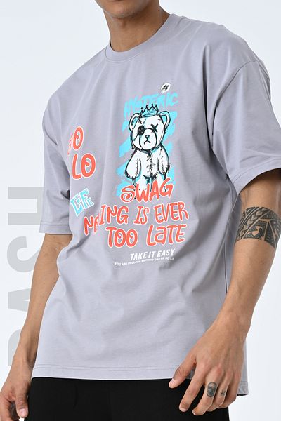 AMAZING CRASH Gray Crew Neck Printed Oversize Pattern Unisex T-shirt