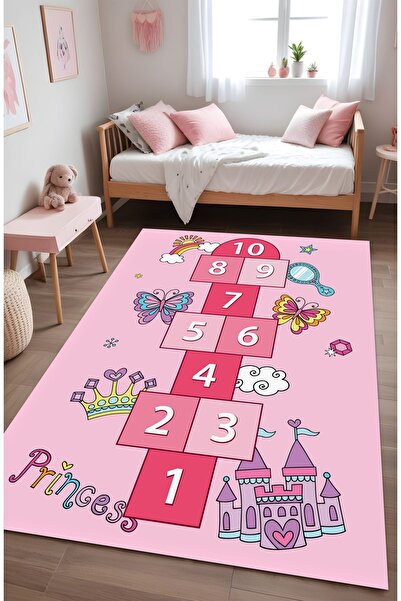Noble Halı Dijital Baskı Seksekli Princess Yazılı Pembe Renk Makinada Yıkanabilir Çocuk Halısı Genç Halısı