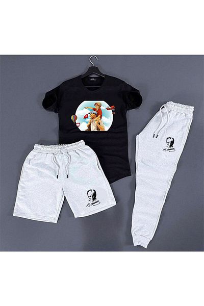 Rex Darius 3-Piece Unisex Combination Ataturk Printed White, Black, Red, Yellow T-shirt, Black, Gray Shorts and Sweatpants