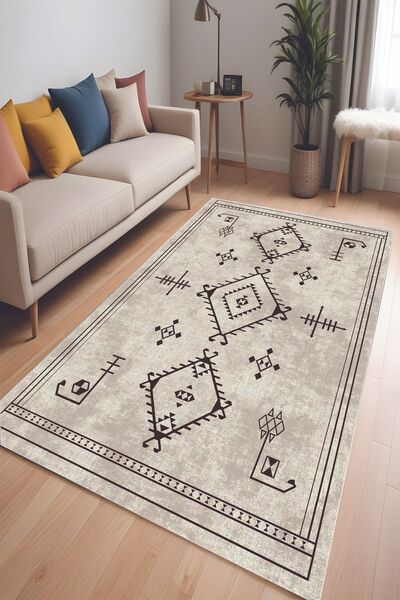 Noble Halı Dijital Baskı Sütlü Kahve Renkli Baklava İskandinav Desen Makinada...