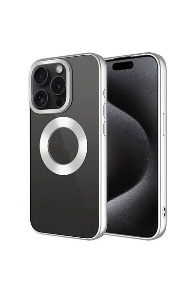 zore حافظة Zore Omega متوافقة مع هاتف iPhone 15 Pro Max مع إطار كاميرا واحد يعرض الشعار - فضي