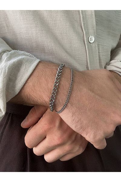 Arvens Silver Two Chain Men's Bracelet Women's Stainless Steel Unisex Non-Tarnish Color-Tossing