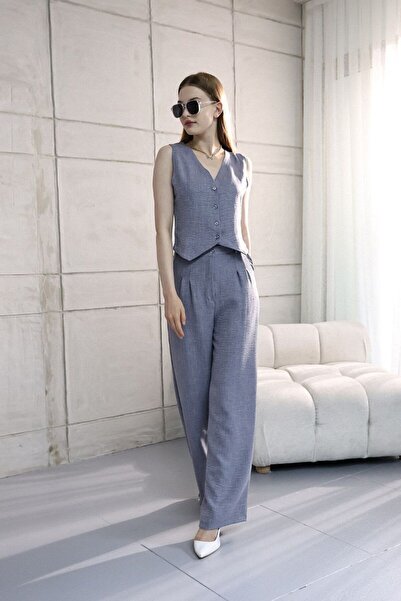 Mitay Sofya Keten Cepli Yelekli Pantolon İkili Takım