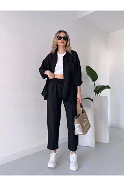 Lin Collection Σετ λινό πουκάμισο και παντελόνι - Μαύρο γυναικείο τοπ σετ Sn0005