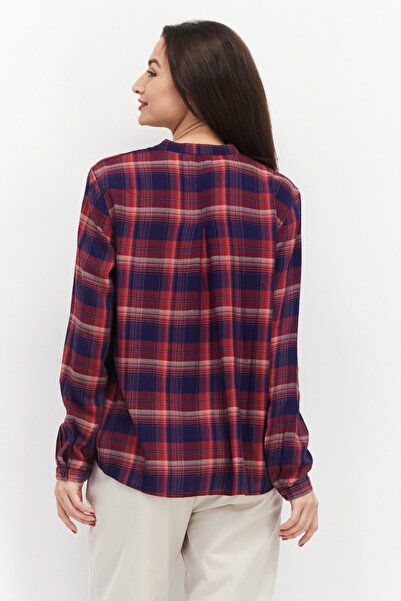 Esprit Women Split Neck Long Sleeve Plaid Blouse, Navy Blue/Rust