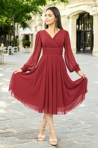 FaBe Fashion Long Sleeve Double Breasted Collar Midi Chiffon Dress