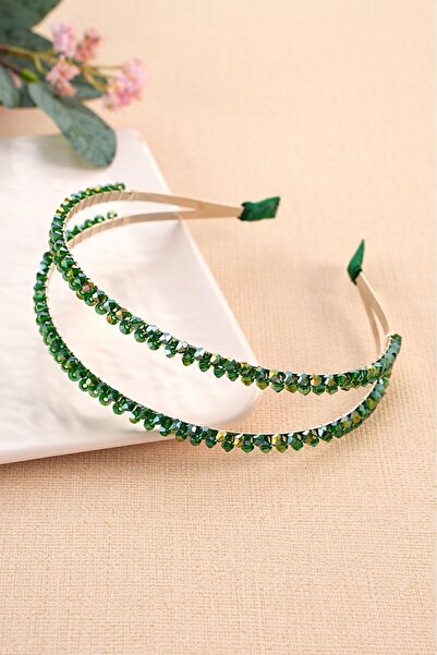 modernist Yeşil Çift Sıralı Taşlı Özel Gün Gelin Tacı