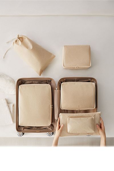 Ocean Home Textile Organizator de valiză în oase de pește bej - Set de 6, Organizator de valiză pentru depozite de călătorie