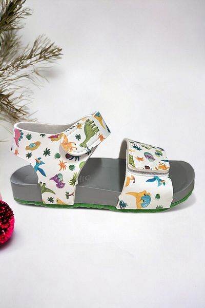 Ponchiq White Dinosaur Theme Patterned Velcro Boys' Sandals